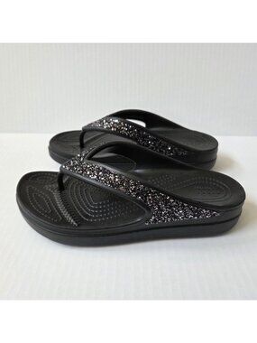 Crocs Sandals Womens 7 Black Sloane Glitter Embellished Wedge Flip Flops NWOT